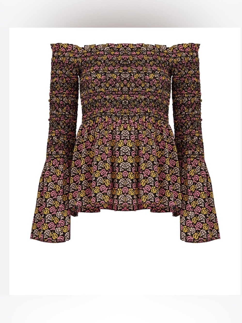 A.L.C. Black Off-Shoulder Smocked Peplum Top‎ with Pink & Yellow Floral Print